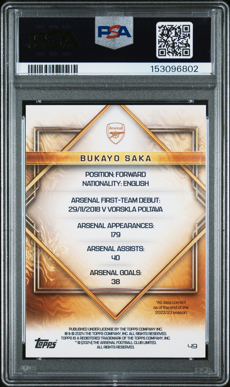 Bukayo Saka 2023-24 Topps Arsenal FC Team Set Teal /125 #49 PSA 10 view 2