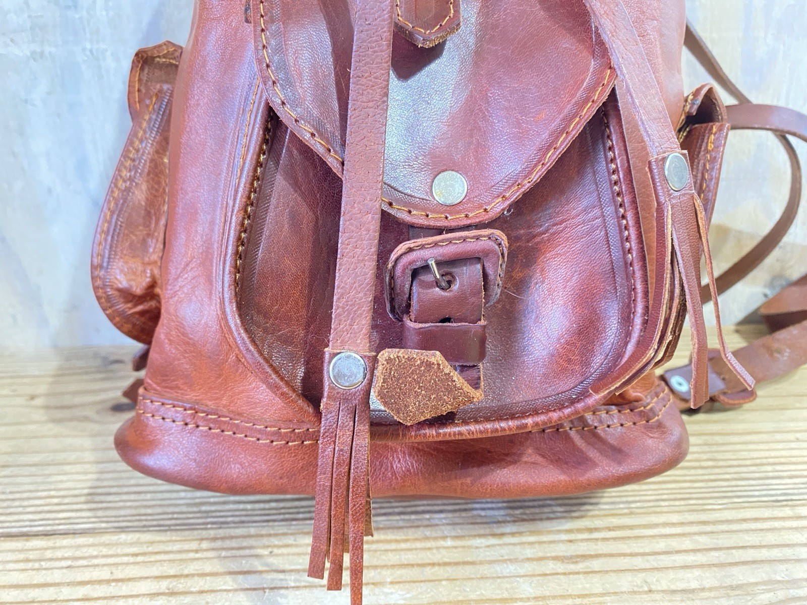 Handmade Small Brown Leather Drawstring Back Pack… - image 4