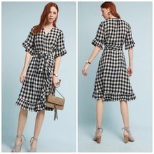 Anthropologie Isabella Sinclair Gingham Flutter Wrap Ruffle Hem Dress Size Small