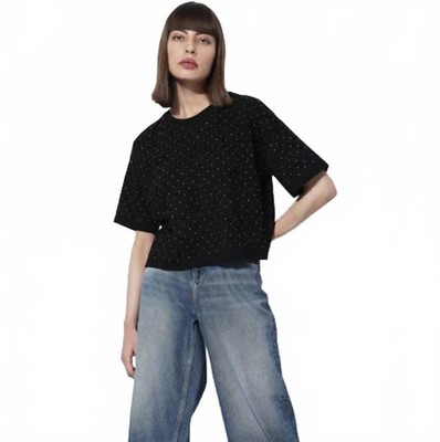 Vicolo Northland Perforated Knit Ultra-Light Top, Black, Made in Italy, Size M