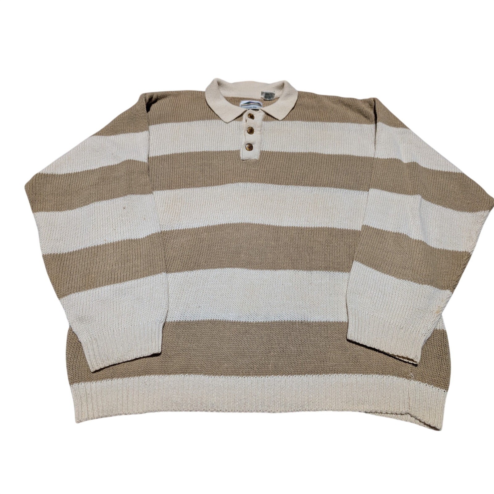 VTG Peninsula Sweater Women XL Tan Striped Long Sleeve Polo Ramie Cotton Knit