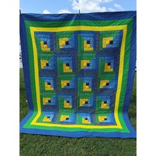 Vintage 1970's Era Colorful Calico Log Cabin Quilt Hand Stitched