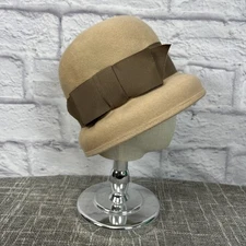 Vintage Henry Pollak Glenover Tan 100% Wool Hat Cloche New York Ribbon USA