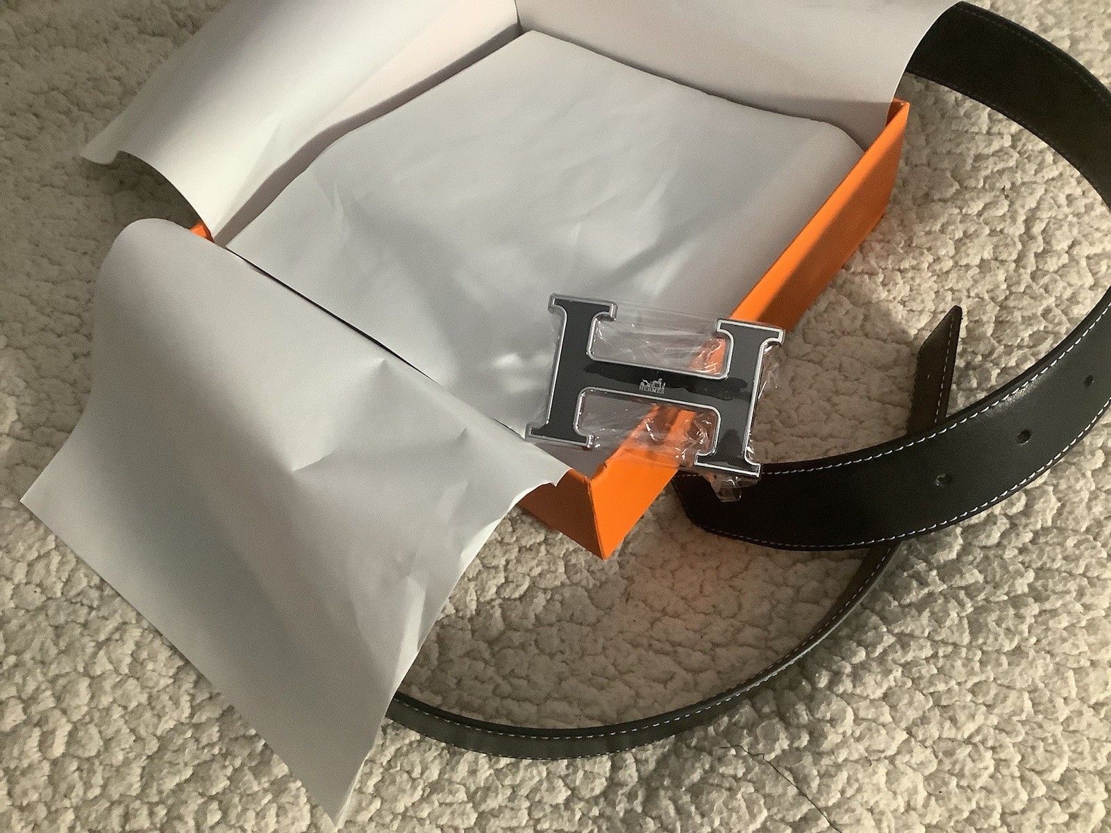 New Hermes Reversible Solid Black Brown belt Silver black Buckle Men Waist 34-38 thumbnail 2