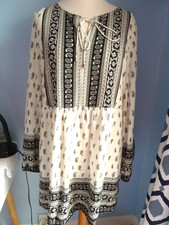 River Island Boho Retro Dress Long Tunic Size 16 White Black Beaded Detail