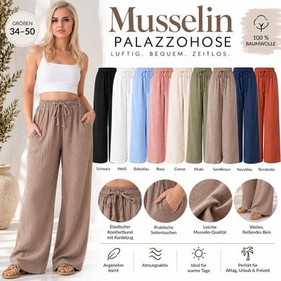 Palazzohose Damen Musselin Hose 100% Baumwolle Sommerhose Weites Bein 34-50