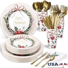 Disposable Dinnerware Set 50 Guests Plates Cups Napkins Cutlery Holiday Party US