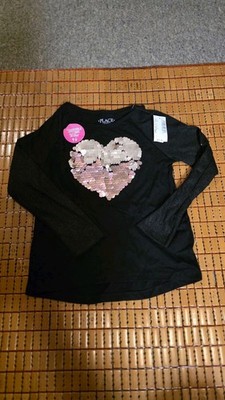 The Childrens Place Girls 5/6  Shirt Black Long Sleeve Reversible Sequin Heart 