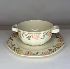Vintage Wedgwood Carmel Ivory China 2Piece Flat Cream Soup Bowl & Saucer England