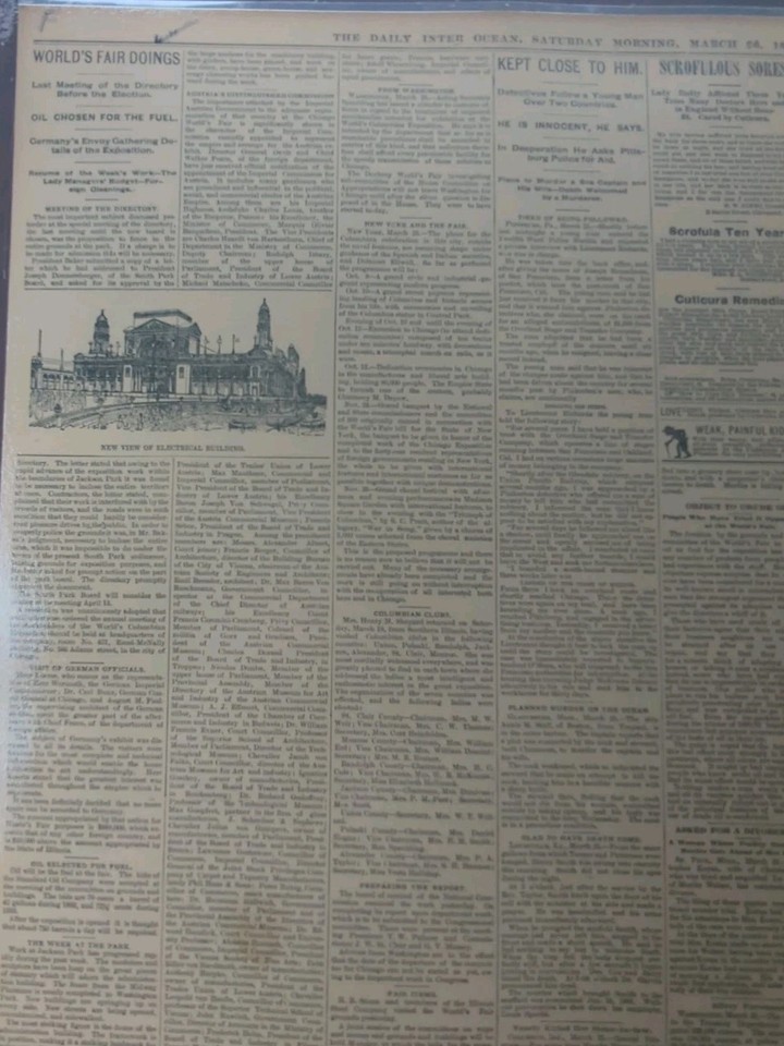 18911893 NEWSPAPER PAGE 1490 COLUMBIAN EXPOSITION WORLD'S FAIR