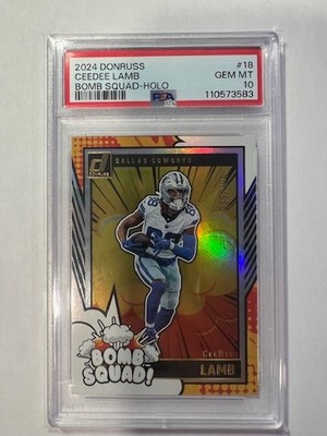 110573583 CeeDee Lamb 2024 Panini Donruss #18 Holo Bomb Squad /100 PSA 10