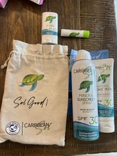 Caribbean Sol 4 Piece Bundle Set With Bag Sunscreen Lotion Spray Lip Balm