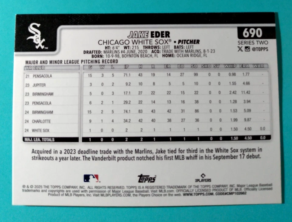 2025 TOPPS BASEBALL  *** Jake Eder: Pink Sand Glitter Rookie ***  #690 - Image 2 of 2