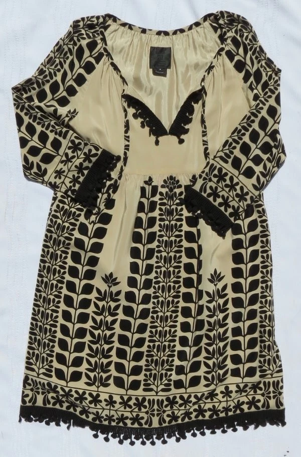 Vestido Anna Sui US Para Mujer 8 M Beige Negro Estampado Ojales Encaje Seda Fiesta Noche Foto 4 de 4