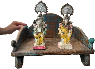 TERRACOTTA INDIAN STATUES GANESHA LAKSHMI PAIR FOLK STYLE DOMESTIC ALTAR WORSHIP - Image 1 of 4