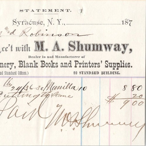 1870s M A Shumway Paper Stationery Printers Supplies Syracuse NY Billhead 4x5.25