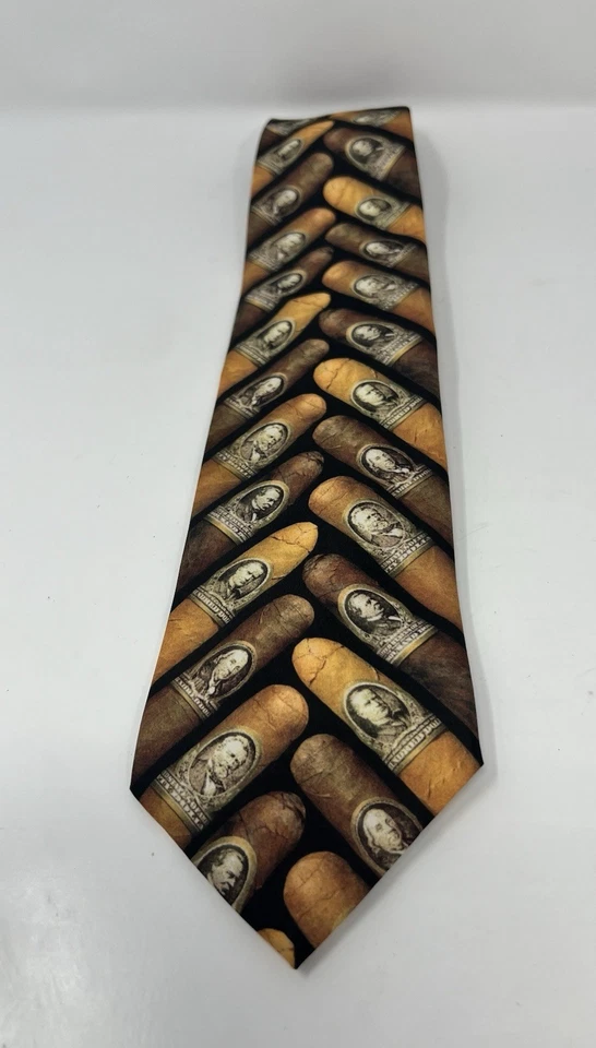 Corbata vintage Ralph Marlin 1997 Cigar Money Band marrón y amarilla #151119 Foto 2 de 4