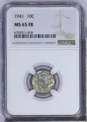 1941 Mercury Dime 10c NGC MS65 FB - Cool shade of blue!