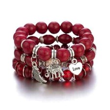 3Pc Elephant Charm Beaded Bracelet "LOVE" Stretch Bracelet Red  NEW 