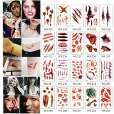 30x Horror Tattoo Stickers Halloween Cut Blood Stitches Wound Scar BLG
