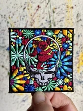Grateful Dead Iron On Patch Dancing Bear Skull Flowers Colorful Embroidered