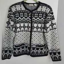 Women's Vintage Black White Nordic Fair Isle Cardigan w/Pockets Hong Kong 80's