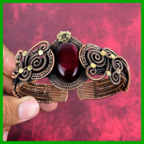 Mothers day Deal Copper Oval Natural Red Fire Labradorite Flower Bangle Bracelet - Picture 2 of 6