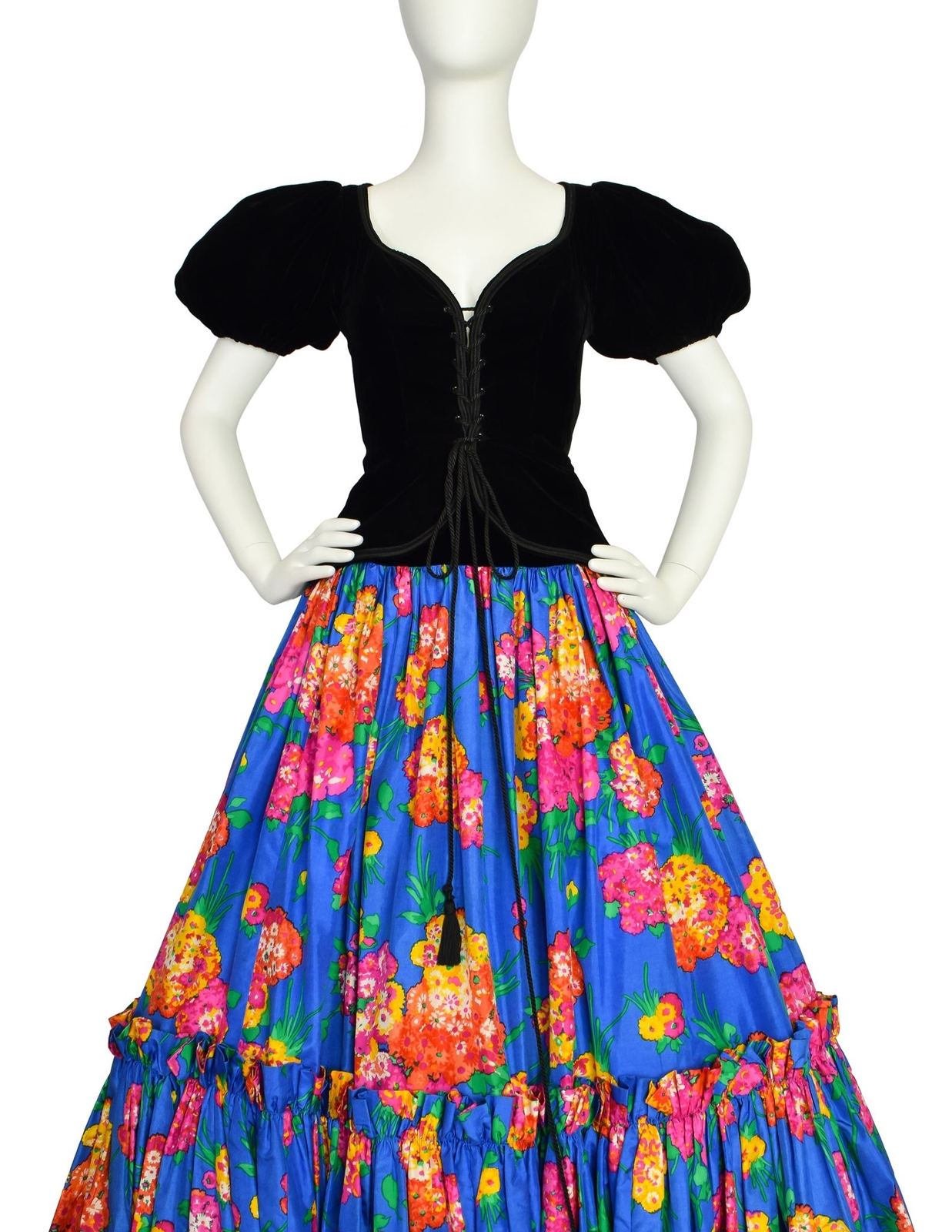 Yves Saint Laurent Vintage Corsetto Velluto Nero Top e Gonna Seta Floreale Blu Se