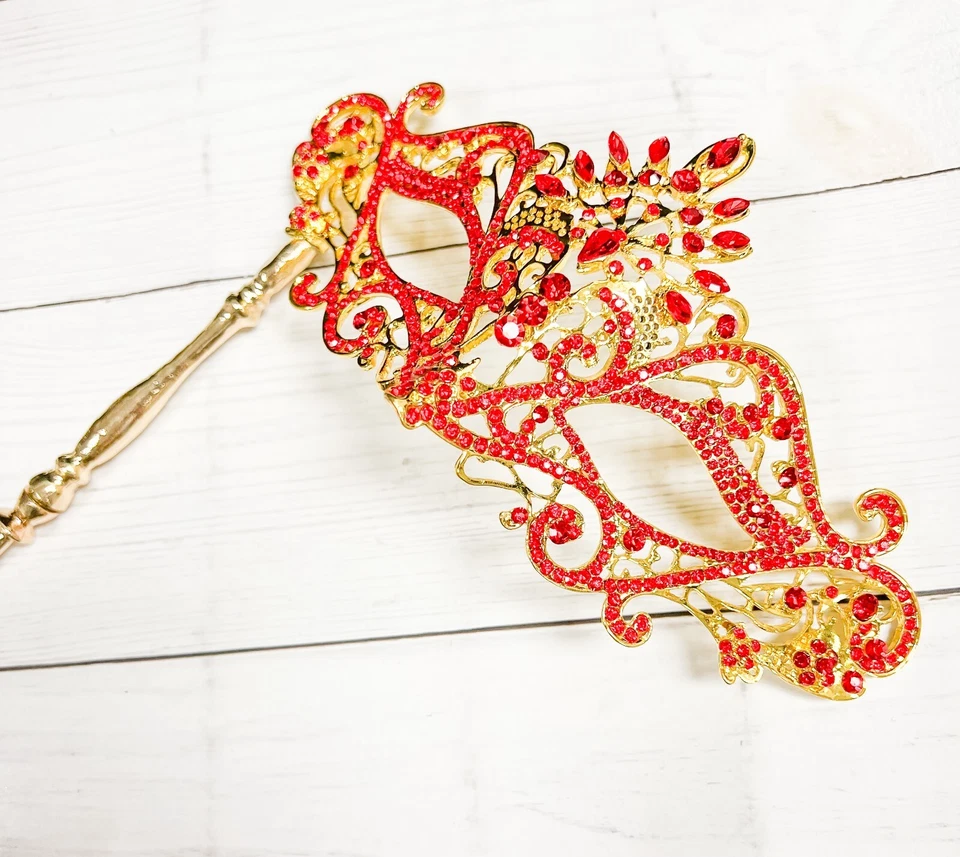 Red Crystal Masquerade Mask with Stick, Gold Masquerade Mask, Wedding Party Mask - Image 3 of 4