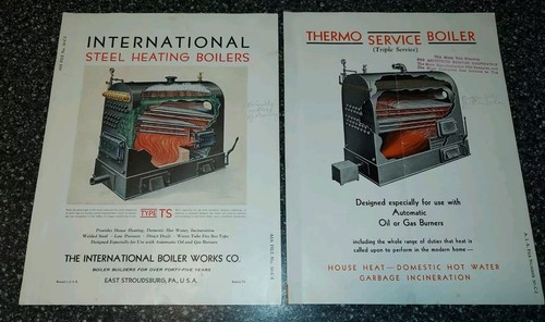 Vintage Konvolut 2 bunte Kesselprospekte 30er Jahre International & Thermo Service