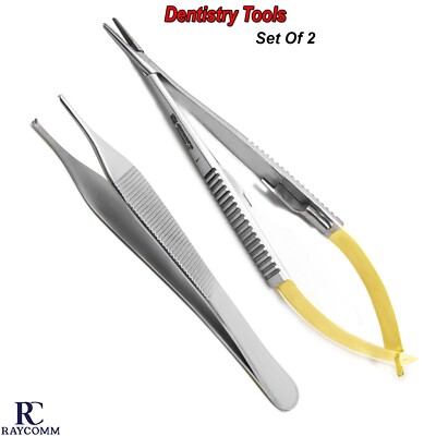 Dental Castroviejo Suturing Needle Holder TC Adson Kocher Tweezers Set Of 2 CE