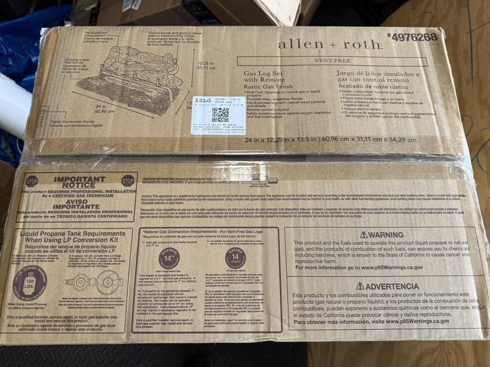 Allen + Roth 30000BTU Natural Gas or Propane Log Set Rustic Oak Vent