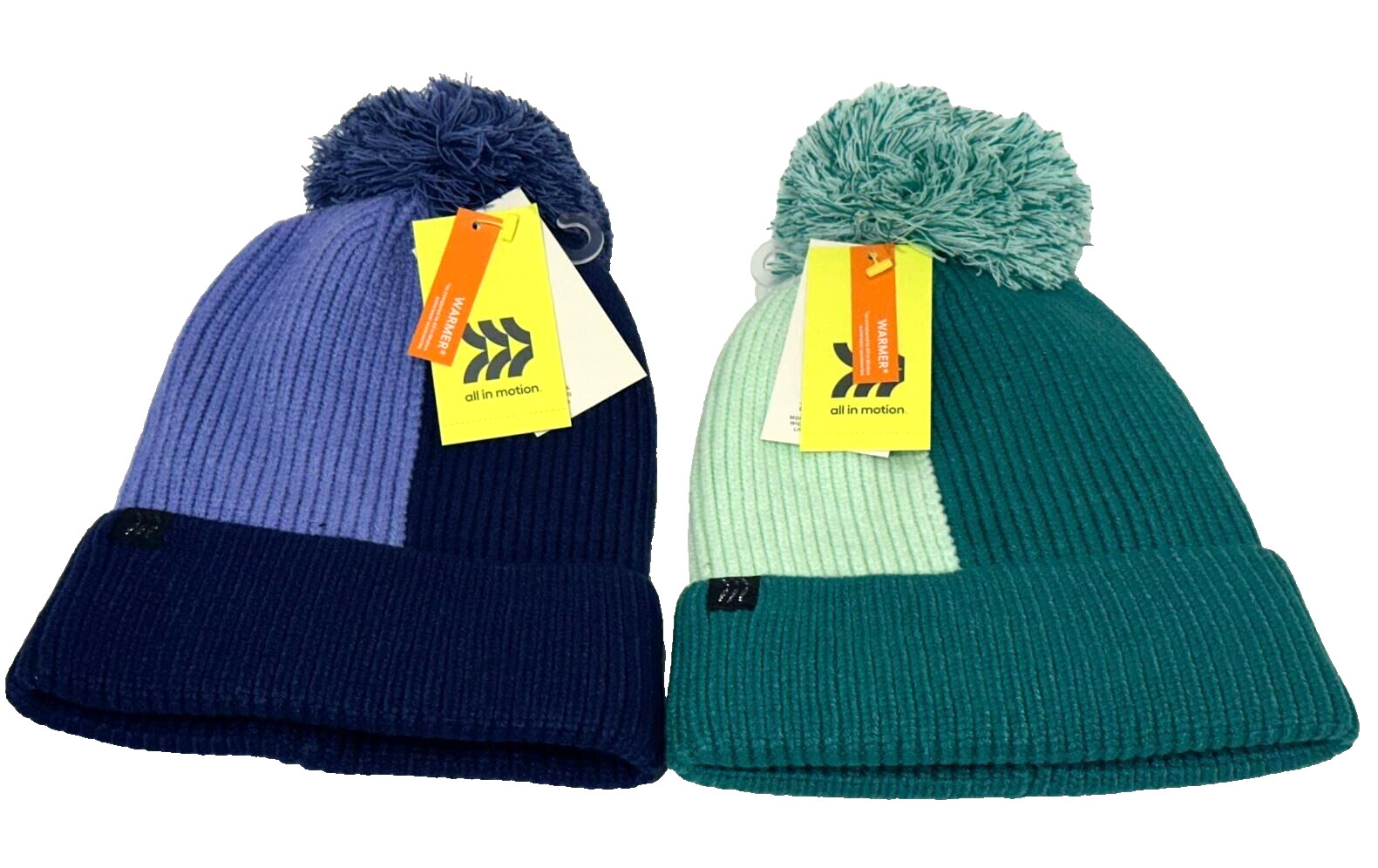 Girls Color block Pom Beanie All in Motion Turquoise Green & Blue 2PK