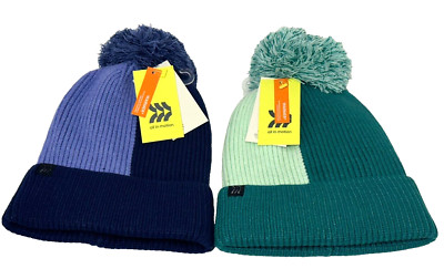 Girls Color block Pom Beanie All in Motion Turquoise Green & Blue 2PK