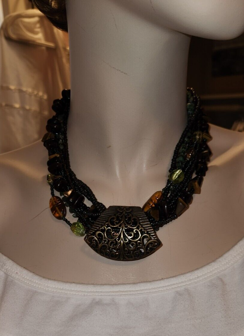 Chico's Modernist Bronze Brown Multi Strand Beaded Ne