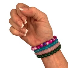 4-Glass Beaded Stretch Bracelets Green, Pink, Teal Woman Girl Jewelry