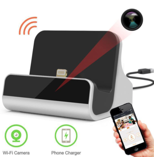 iPhone Charging Dock With Wi-Fi 1080p Spy Camera Night Vision Wireless Security - Picture 1 of 8