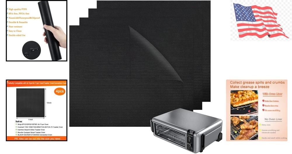 Air Fryer Oven Liners, 11X12 Inches, Set of 4, Reusable Toaster Oven Liners