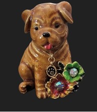 Butler & Wilson Rare Golden Dog Brooch With Flowers & Crystals 5cm X 4cm