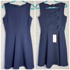 Zara Woman Cutout Bows Back Navy Blue Fit And Flare Stretch Dress MEDIUM