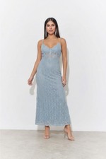 ASTR The Label Dress Womens S Dusty Blue Lace Spahetti Strap Lined Maxi NEW