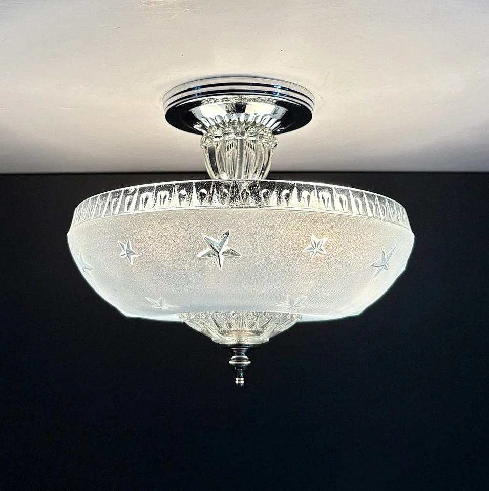 古董 20 世纪 20 年代 - 30 年代新艺术装饰联邦星星蓝色吸顶灯具 — 第 3/4 张图片