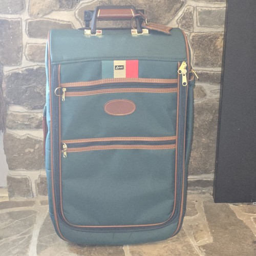 ​Vintage Lark Carry-On Suitcase Teal Heritage Stripe - With Strap & Luggage Tag