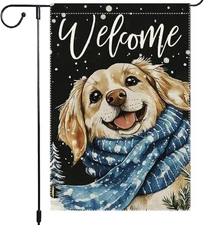 Welcome Dog Garden Flag 12X18 Inch Double Sided Winter Burlap Yard Banner for Ch