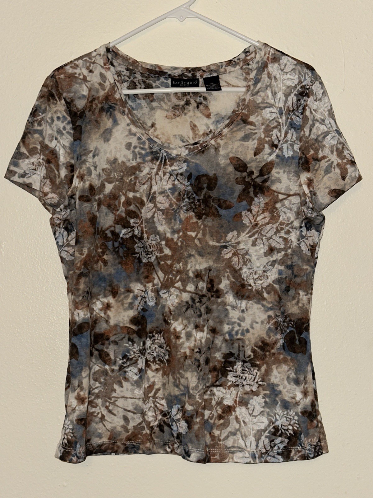 Bay Studio Brown Blue Floral Knit V-Neck Short Sleeve T-Shirt Petite PL