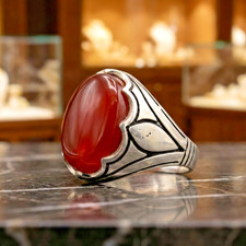 Men's 925 Sterling Silver Ring with Natural Yemeni Red Agate Stone
