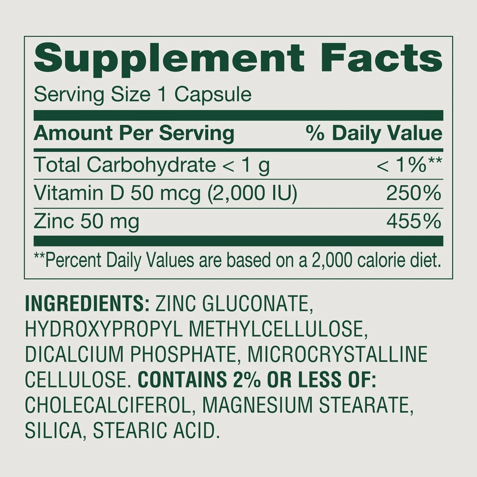 Spring Valley Zinc (50 mg) with Vitamin D3 (50 mcg / 2,000 IU) Capsules, 150 Ct - Image 2 of 3
