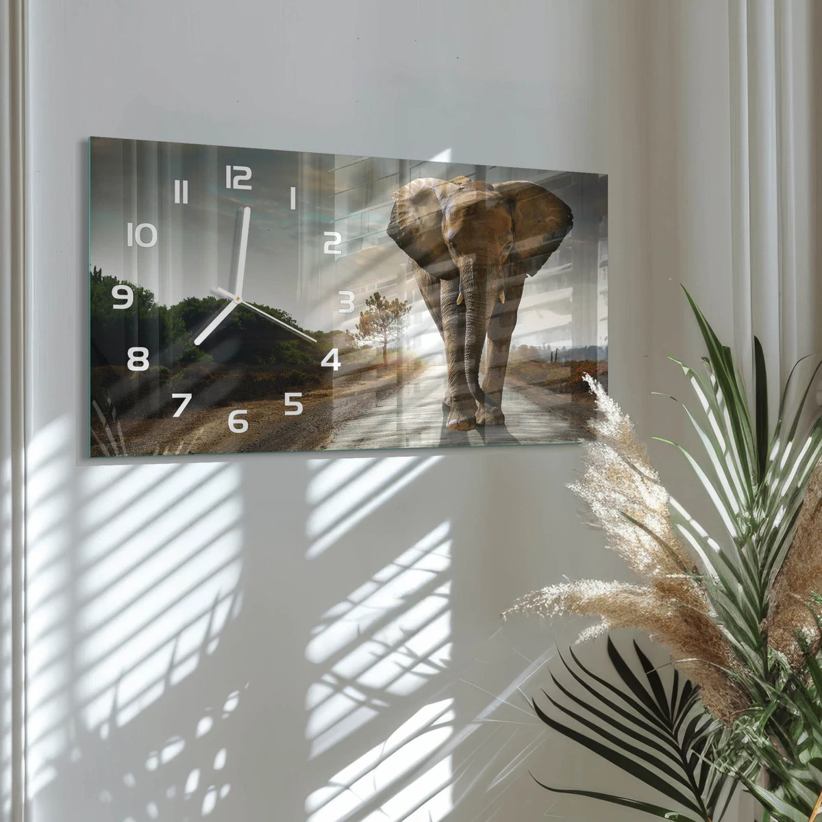 Reloj de Pared Rectangular Vidrio Templado Premium Elefante Caminando 60x30 cm