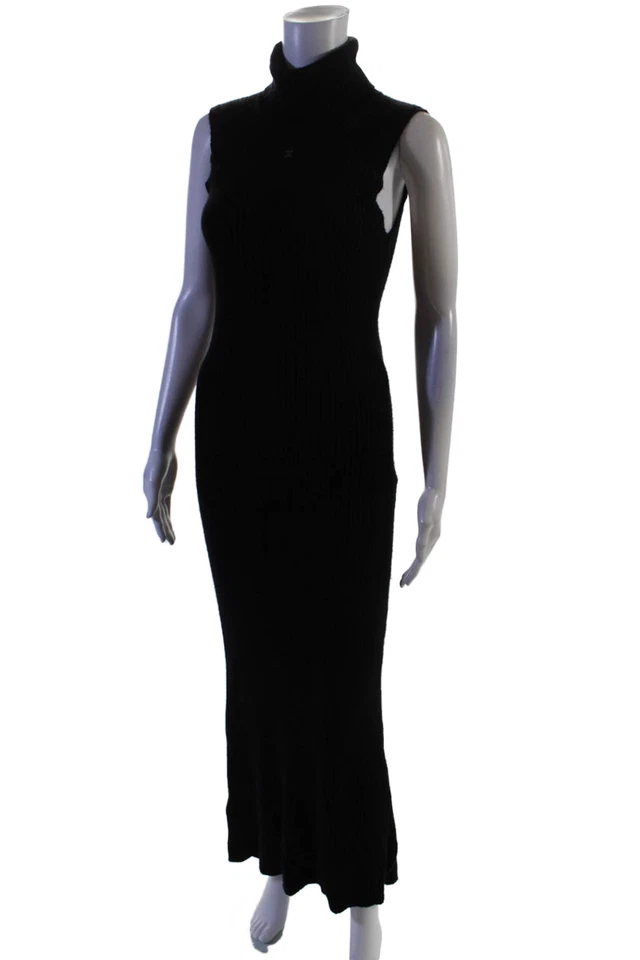 Chanel Womens Sleeveless Turtleneck Ribbed Knit Midi Sweater Dress Black FR 42 - Image 2 of 4