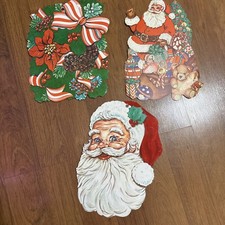 Lot Of 3 Vintage Christmas Santa Claus Decoration Die Cut Paper Flocked